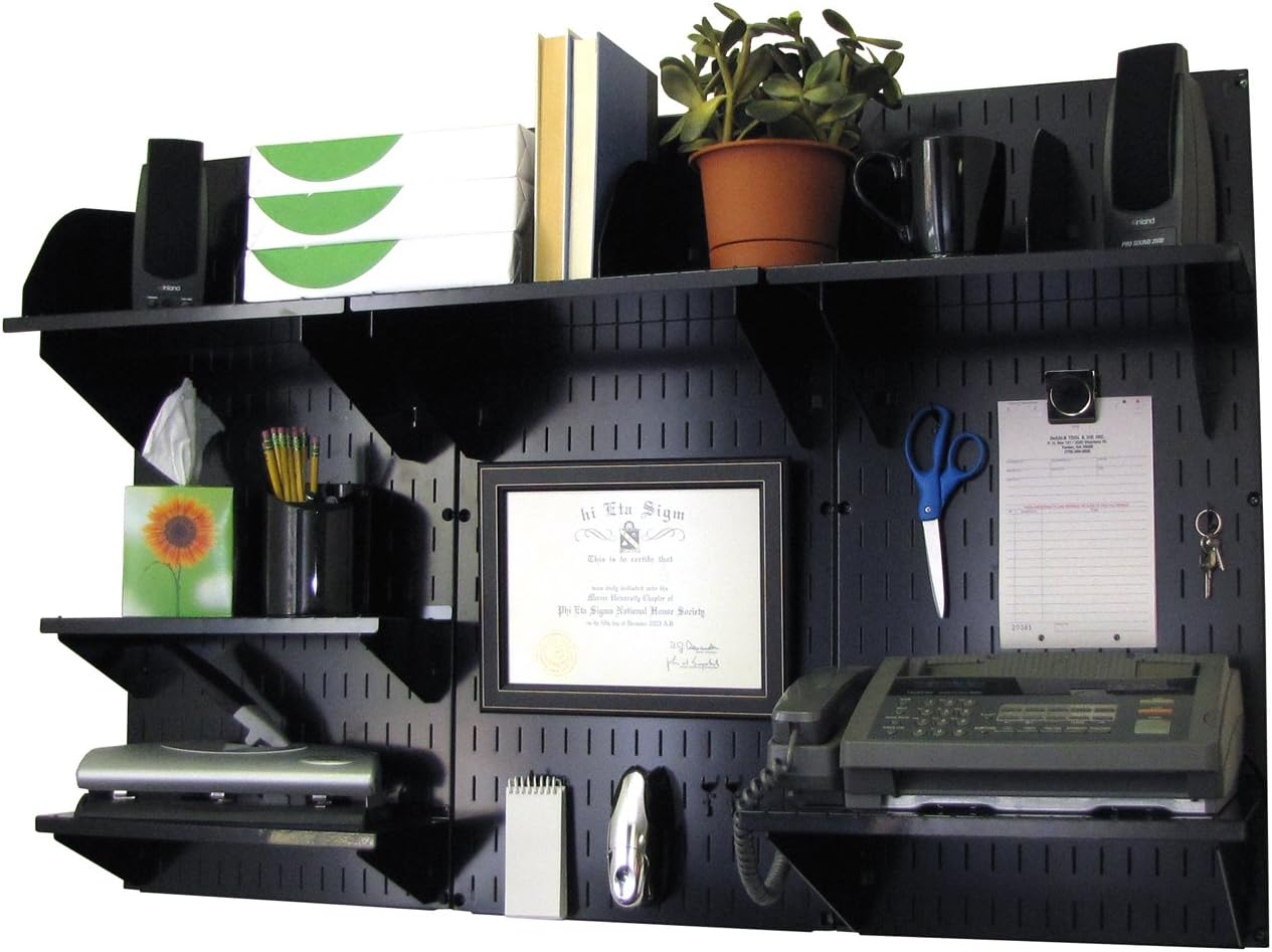 Wall Control Office Organizer Unit Wall Mounted Office Desk Storage and Organization Kit Metallic Wall Panels and Black Accessories