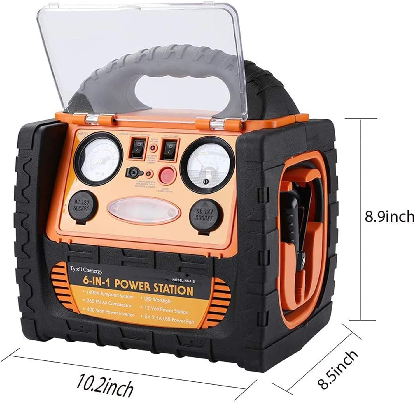 Portable Car Jump Starter 1400 Amp High Performance Power Station with Double AC 110 Volt Inverter Outlets 400W, 260 PSI Air Compressor, Double DC Sockets 12V/11A, 5V/2.1A USB Ports