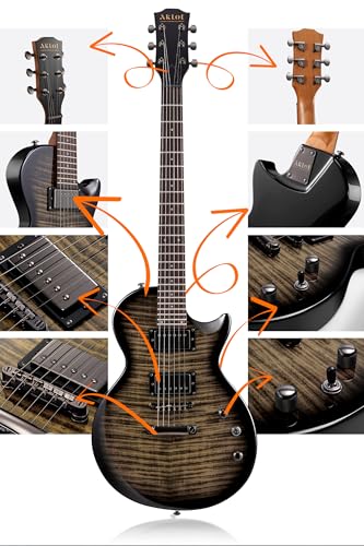 AKLOT Muti-Tone Electric Guitar with Coil-Split: Roasted Maple Neck, Flame Maple Graphic Top, Dual Humbuckers Pickups, Beginner Guitar Kit with Gig Bag, Lesson Book, Strap, Picks, Violet Venom