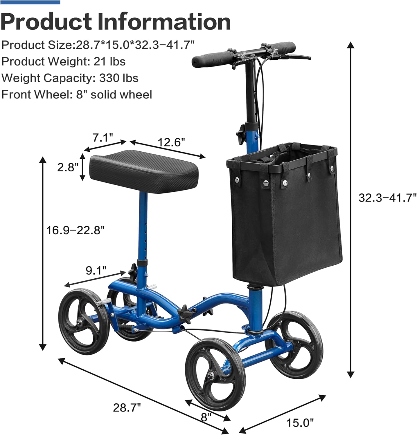 All Terrain Steerable Knee Scooter Deluxe Medical Scooter for Adults for Foot Injuries, Foldable Knee Walker Leg Crutch Alternative, 8" Solid Wheel, Blue