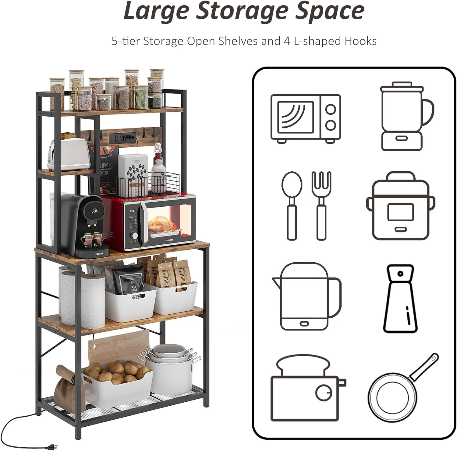5-Tier Bakers Rack for Kitchens with Power Outlet, 31.5 Inch Microwave Stand, Freestanding Metal Kitchen Rack with Hooks, Coffee Bar Station, Rustic Brown