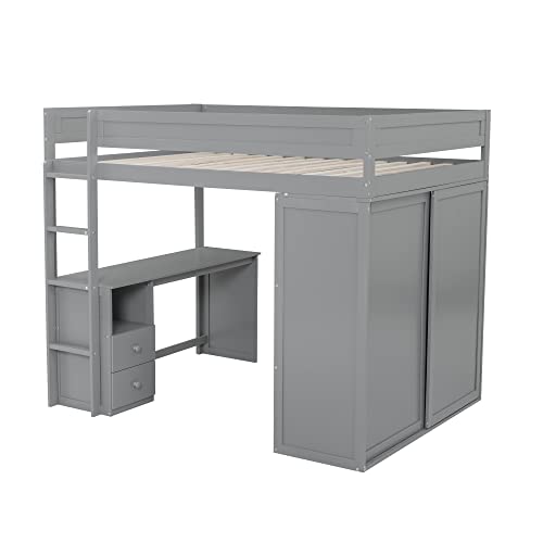 Full Size Loft Bed with Storage Wardrobe and Desk Wooden Loft Beds Frame with Drawers and Cabinet Wood High Loft Beds with Ladder for Kids Teens Adults, White
