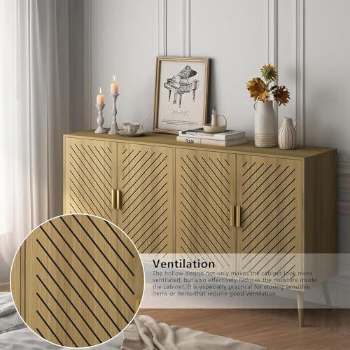 Wood Sideboard Buffet Cabinet with Storage, 4 Doors, Adjustable Shelves, TV Stand or Coffee Bar for Kitchen, Dining Room, Living Room, Entryway