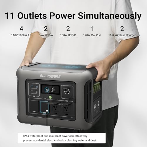 ALLPOWERS R1500 Portable Power Station, 1152Wh LiFePO4 Battery Backup w/ 4 1800W (3000W peak) AC Outlets, 0-80% in 40 Min, 43dB UPS Solar Generator for Camping, Party, RV, Home Use