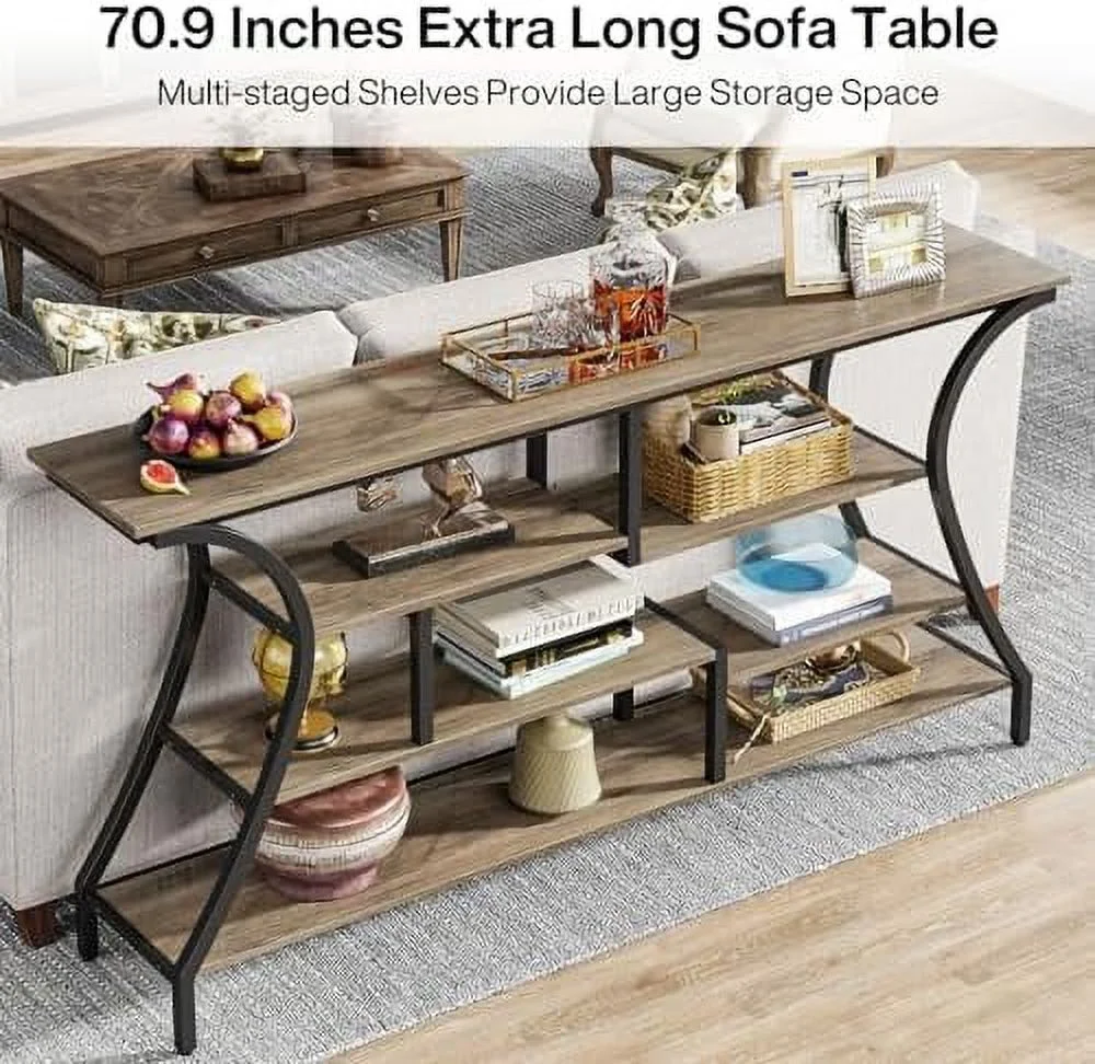 MQLIFEBOOM 70.9 Inch Extra Long Console Table  Industrial Narrow Sofa Table with  Shelves  4 Tier Entryway Table Behind Couch for Hallway Foyer Living Room (Grey) - Curated Treasures Market
