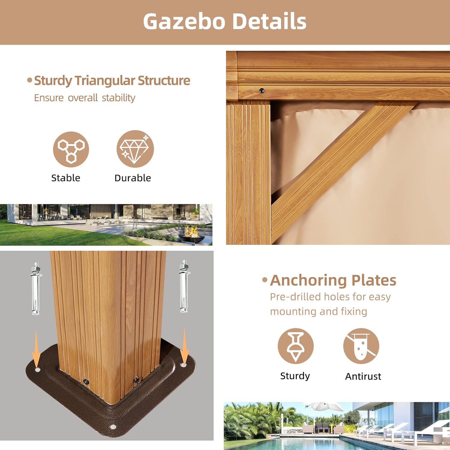 MELLCOM 10' x 12' Hardtop Gazebo, Wooden Finish Coated Aluminum Frame Gazebo with Galvanized Steel Double Roof, Brown Metal Gazebo with Curtains and Nettings for Patio, Lawn & Garden