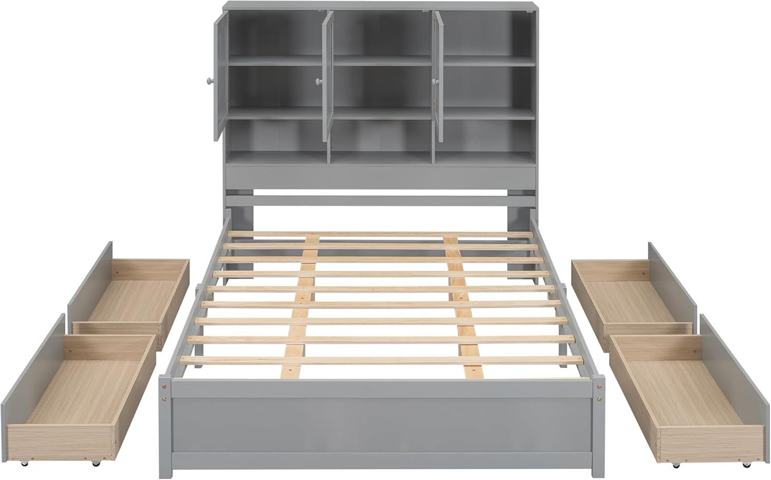 Queen Size Bed Frame, Wooden Platform Bedframe with Storage Headboard, 4 Drawers and Cabinets, No Box Spring Needed, Gray