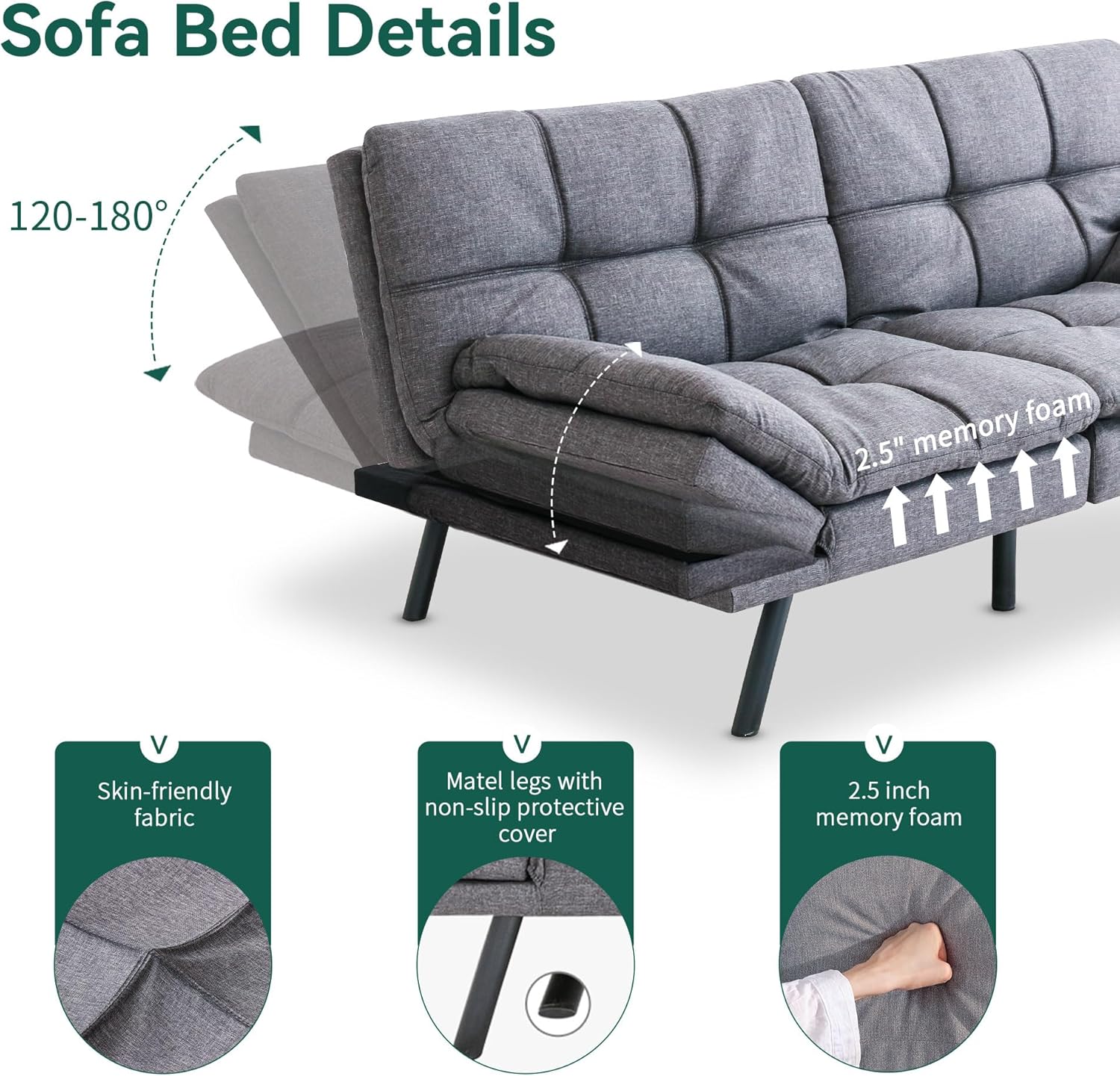 Convertible Futon Bed,Gray Memory Foam Sofa Loveseat Sofabed, Light Grey