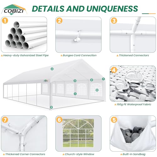 COBIZI 20x40 Party Tent Heavy Duty, Galvanized Wedding Tent, Event Shelter for Parties, Outdoor with Removable Sidewall & Built-in Sandbag, Carpas para Fiestas, Large Canopy, Waterproof, White