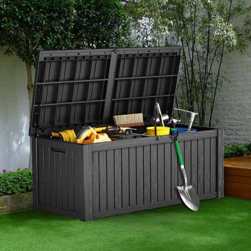 260 Gallon UV Resistant Outdoor Storage Box Waterproof, Lockable Resin Deck Box for Garden Tools, Sports Equipment and Cushions, Gray