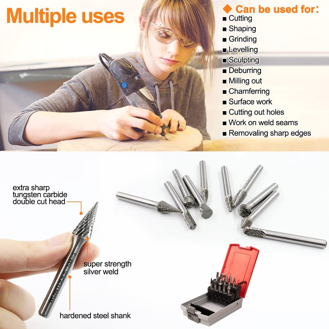 Carbide Cutting Rotary Burrs Set 10PCS, 1/4 Shank Double Cut Die Grinder Bit Tungsten Steel Solid Tool for DIY Wood Stone Carving Working Metal Glass Grinding Engraving Polishing Shaping Drilling Pack of 2