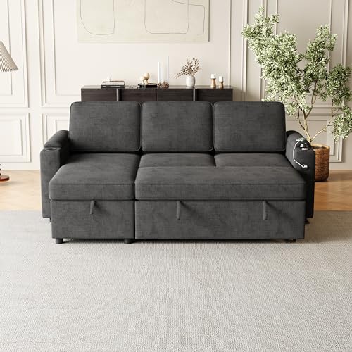L-Shaped Sofa Couch Bed w/Chaise & Cup Holder, Convertible Sleeper Combo Sofa w/Pull Out Bed & Storage Space, 3 in 1 Fabric Pull Out Couch for Living Room, Dark Grey