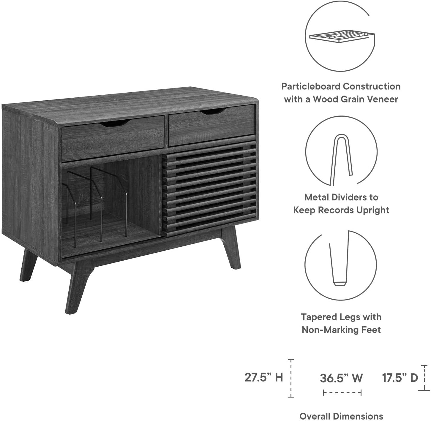 Modway Render Mid-Century Modern 37" Vinyl Record Display Stand with Drawers in Charcoal