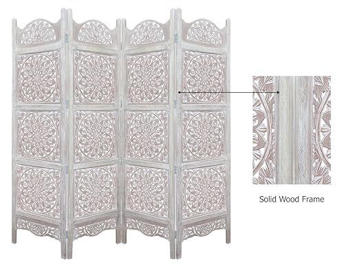 Room Divider Wood Screen - Ghanti Bells Antique Brown - 4 Panel Folding 72 x 80 - Assembled Hand Carved Decorative Functional Versatile Portable Partition Reversible Privacy Boho - COTTON CRAFT
