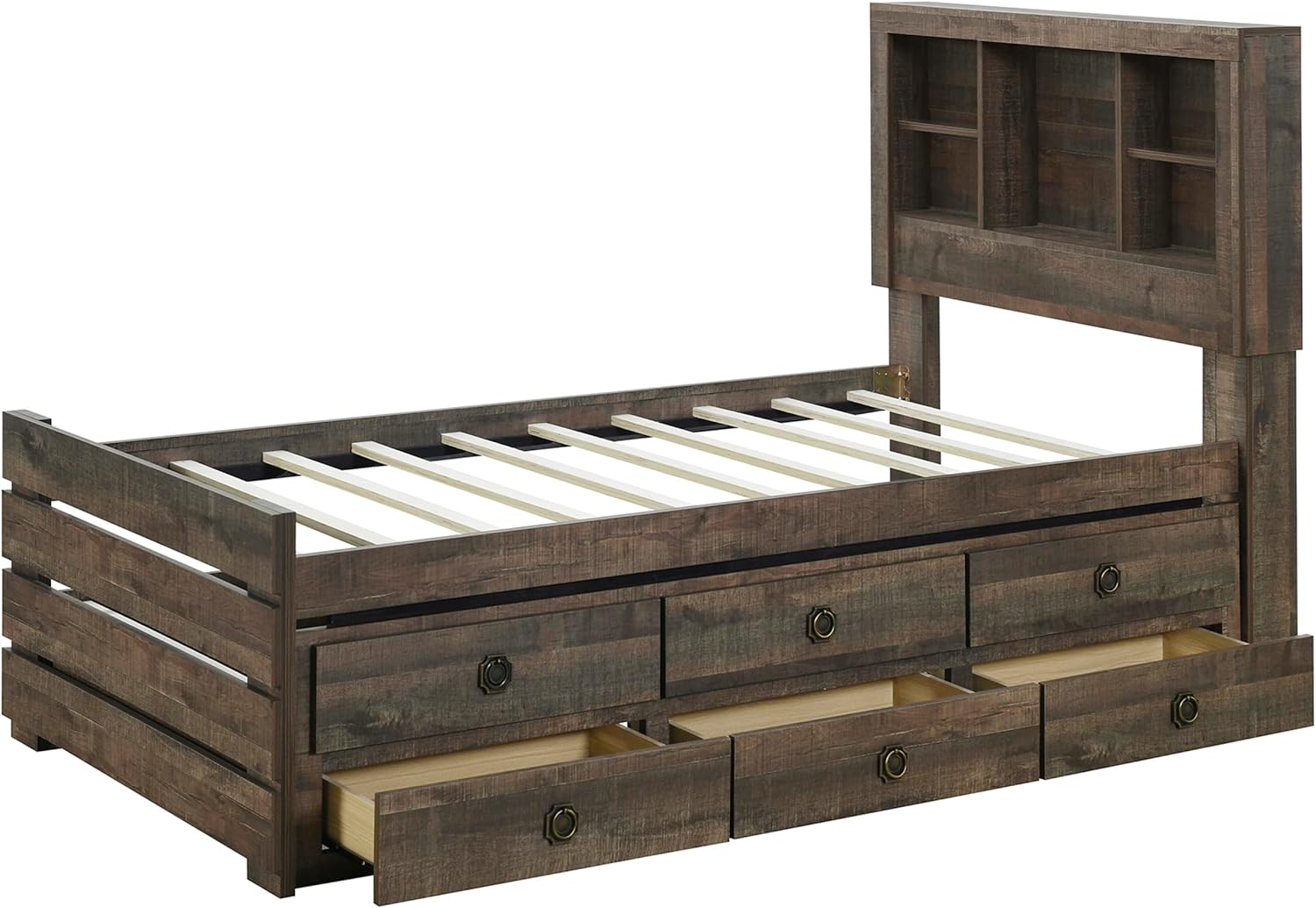 Farmhouse Style Twin Size Bookcase Captain Bed with Three Drawers and Trundle, Rustic Brown