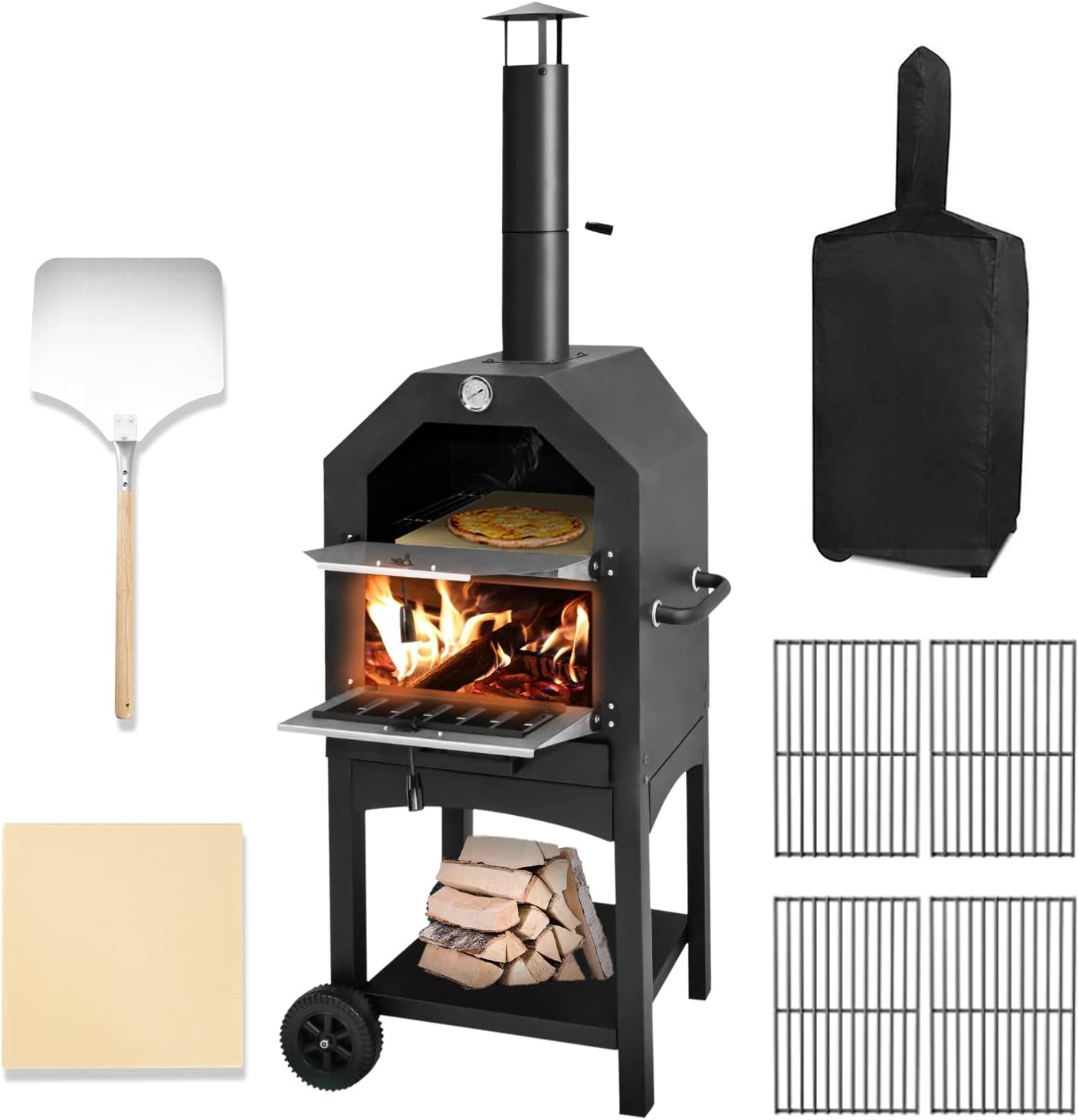 U-MAX Outdoor Pizza Oven Wood Fire with Waterproof Cover, Freestanding, Steel Pizza Grill, Pizza Maker Camping Cooker with Pizza Stone