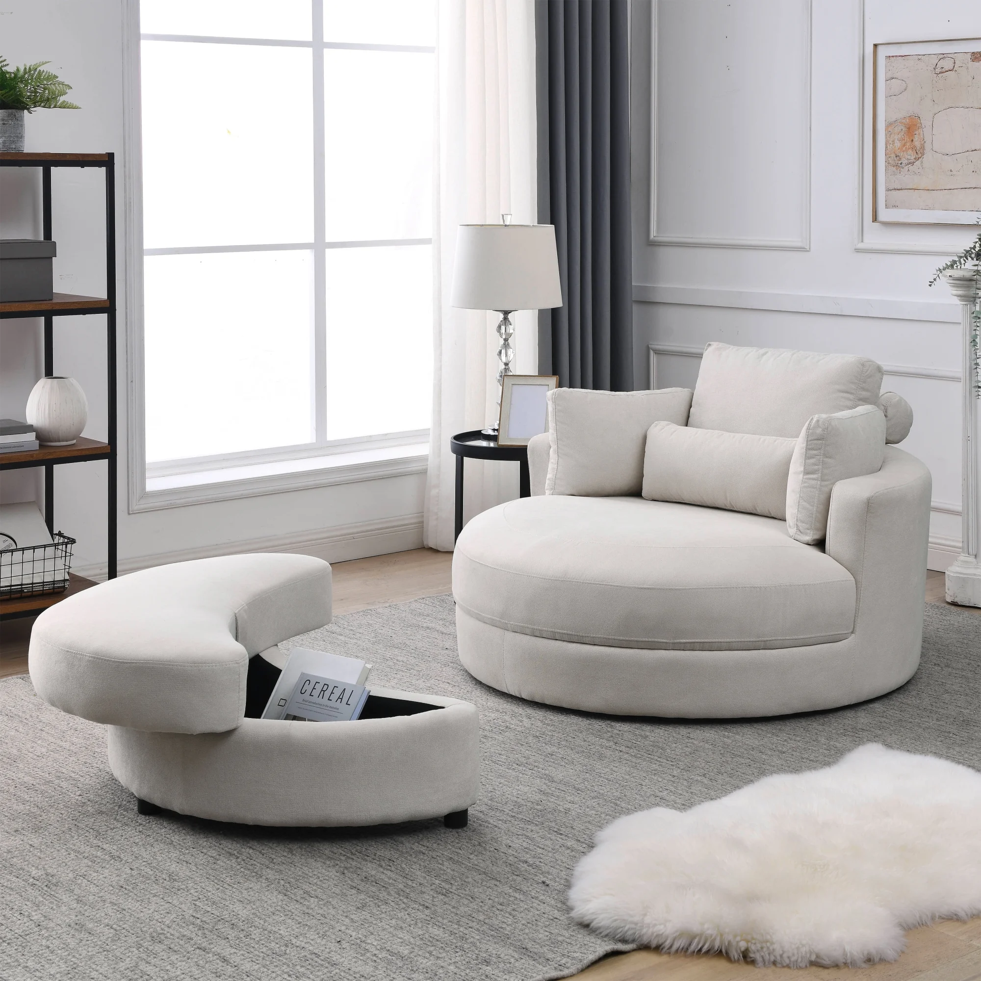 [Video] Welike Swivel Accent Barrel Modern Sofa Lounge Club Big Round Chair with Storage Ottoman Linen Fabric for Living Room Hotel with Pillows . *2PCS