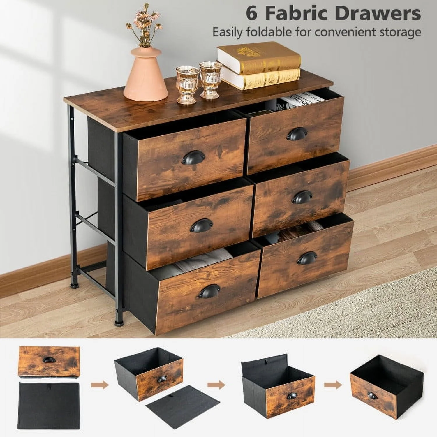 6 Drawer Dresser for Bedroom, Chests of Drawers, Fabric Vertical Dresser Storage Tower, Brown