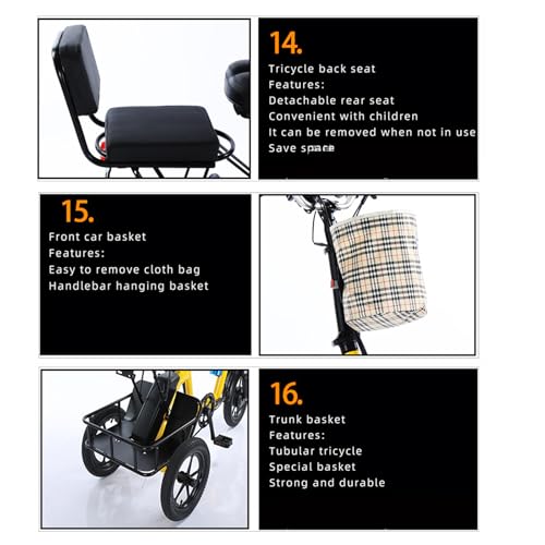 Green, Tricycle for Adults Foldable,14 Inch Folding Adult Electric Tricycle,with 48V 10.4AH Detachable Battery,Front and Rear Baskets for Shopping& Backrest, Front and Rear Lights