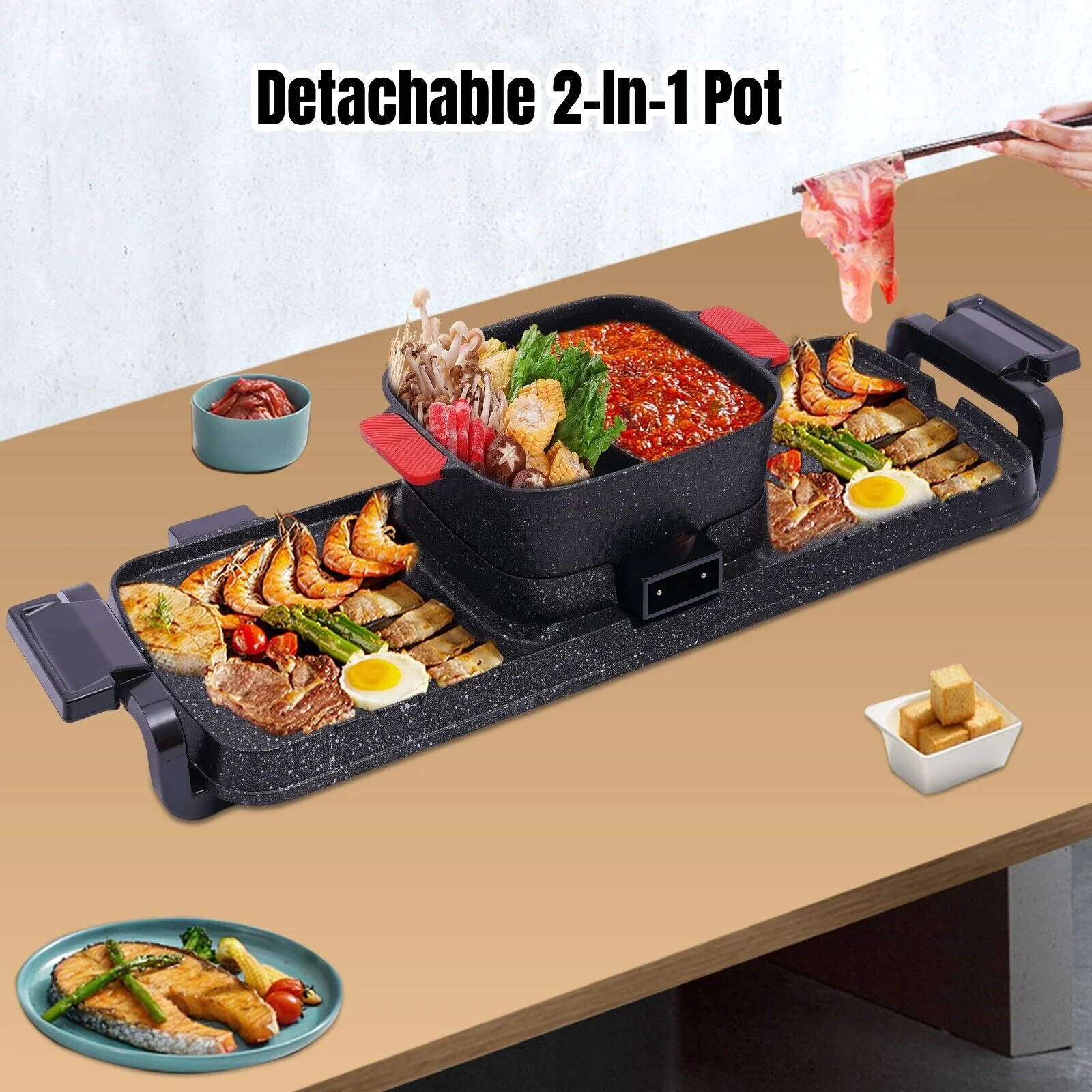 Miumaeov 2 In 1 Grill and Hot Pot Combo Countertop Hot Pot with Grill Cooker with Dual Temperature Control 5 Gear Temperature Adjustable Multi-Functional Korean BBQ Teppanyaki Grill and Hot Pot