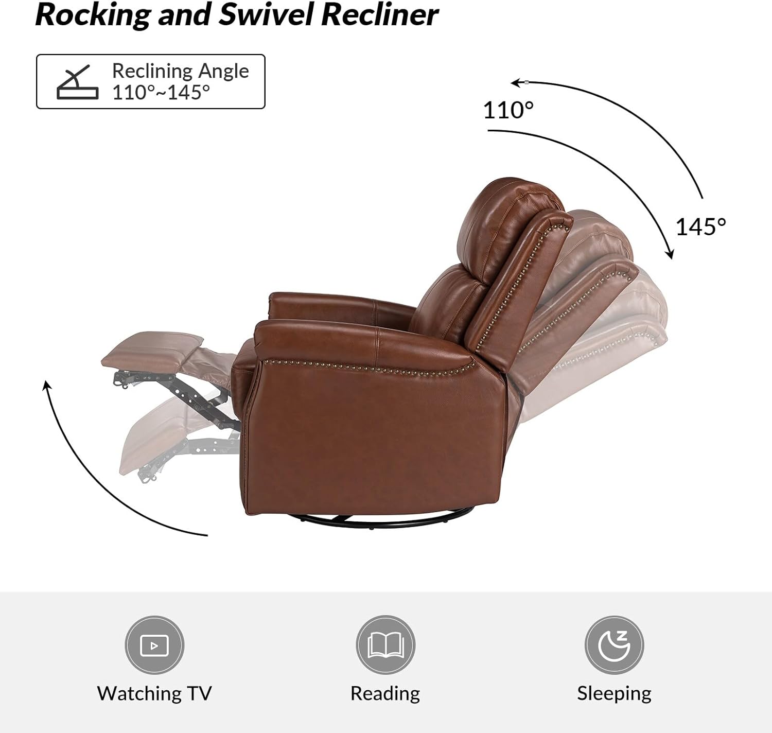 HULALA HOME Renato Traditional Genuine Leather Nailhead Power Swivel Recliner with Metal Base by BROWN