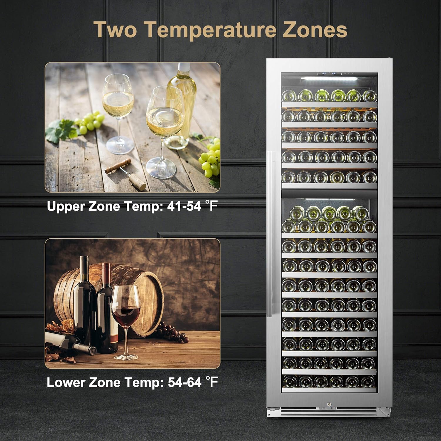 Wine Cooler Refrigerator 153 Bottle Built-in Dual Zone Wine Cooler, Seamless Stainless Steel Trimmed Door, 24 Inch