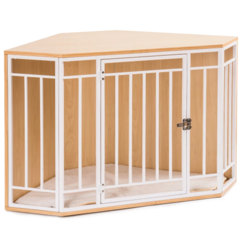 Corner Dog Crate with Cushion, Dog Kennel with Wood and Mesh, Doghouse, Pet Crate Indoor Use