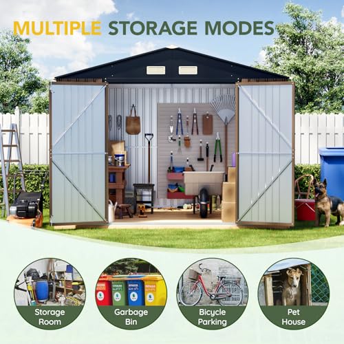 Outdoor Storage Shed 10 x 12ft. Utility Tool Shed Metal Storage Garden Shed with Lockable Doors, Windows & Metal Frame Floor for Patio Storage,Brown