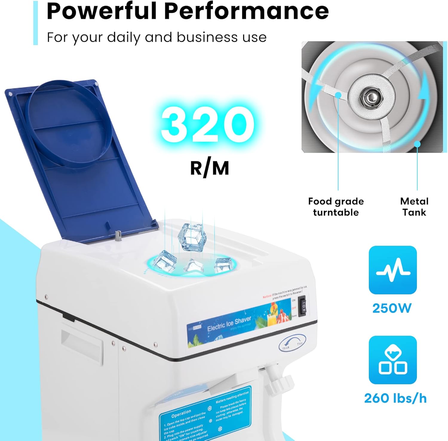 VIVOHOME Electric Ice Crusher Shaver Snow Cone Maker Machine 265lbs/hr for Home and Commercial Use Blue