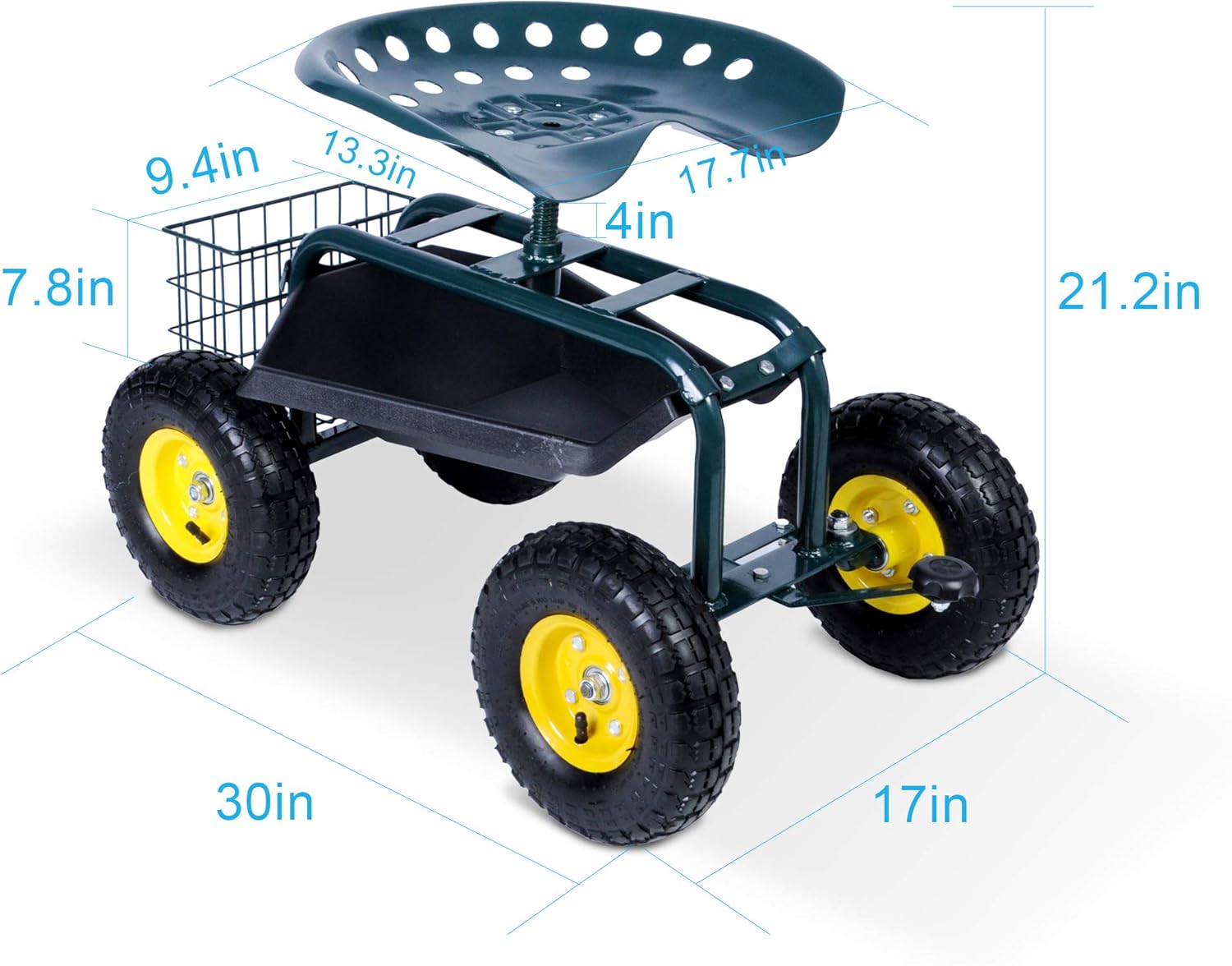 Dporticus Rolling Garden Steerable Tool Cart Scooter with Extendable Steer Handle,360 Swivel Seat and Tool Storage Basket, Green