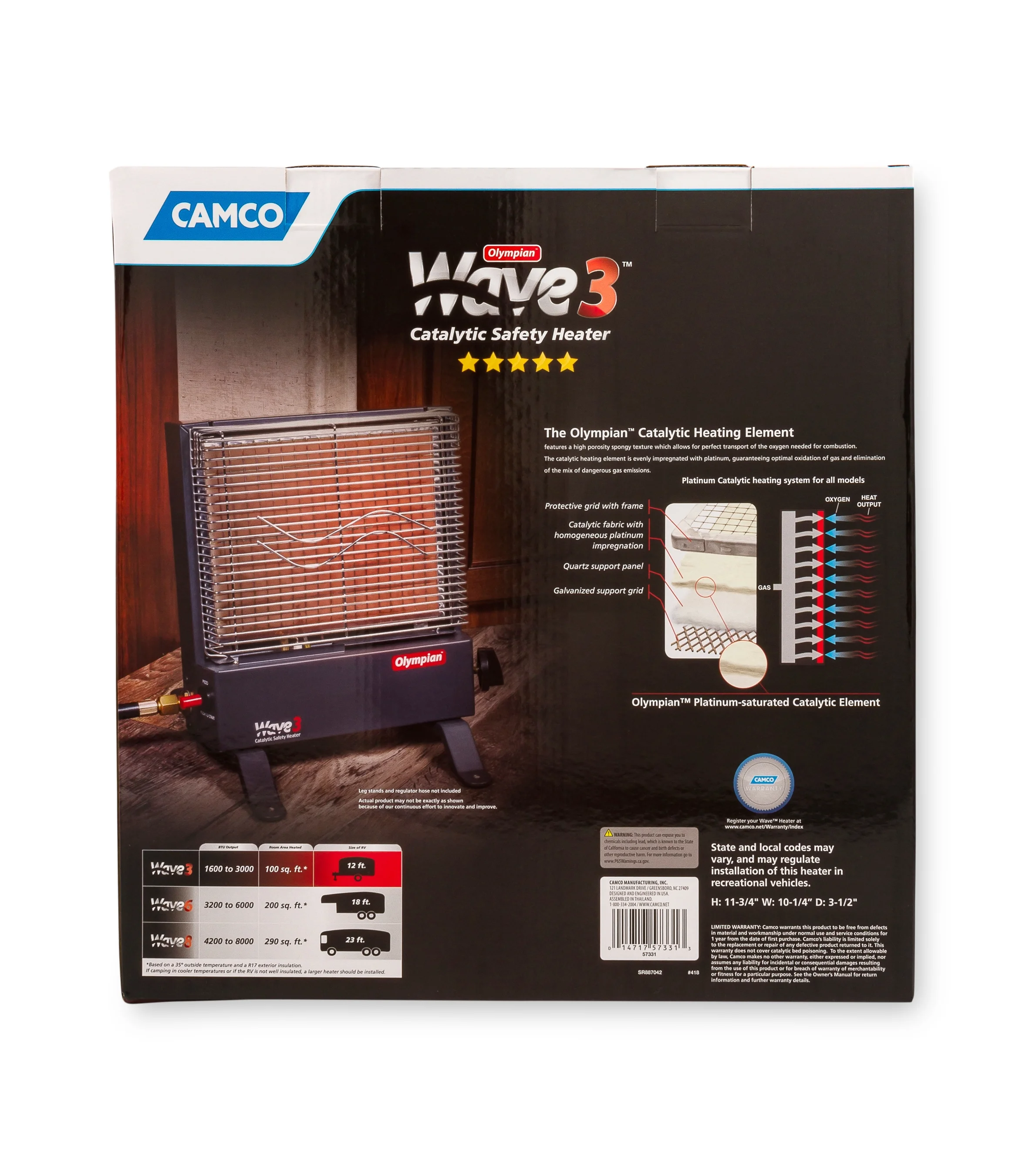 Camco Olympian RV Wave-3 LP Gas Catalytic Safety Heater, Adjustable 1600 to 3000 BTU, Warms 130 Square Feet of Space, Portable and Wall Mountable