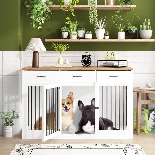 Extra Large Dog Crate Furniture with 3 Drawers, Indoor Heavy Duty Dog Kennel House, 55.3" Furniture Style Dog Crate Side End Table TV Stand for XL Large Medium Breed Dogs, White