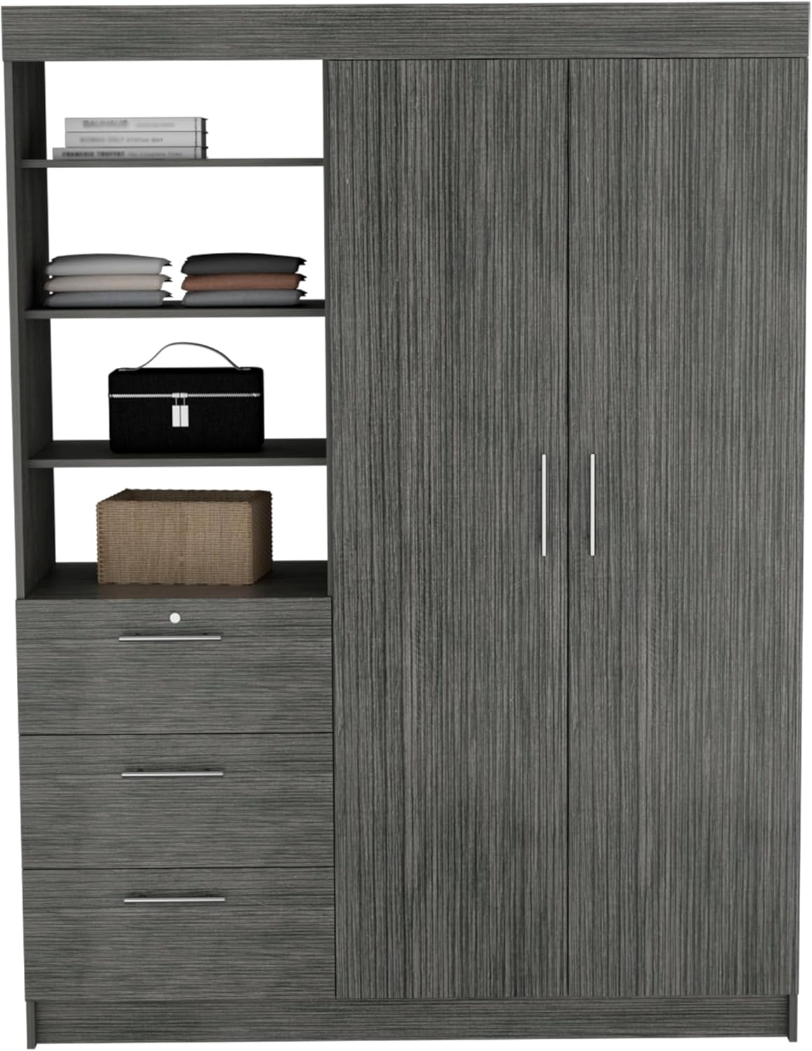 Armoire Wardrobe 2 Doors 3 Drawers, Clothes Cabinet with Shelves and Hanging Rod, Freestanding Wooden Closets Organization for Bedroom, 59″x20.5″x79″, Oak