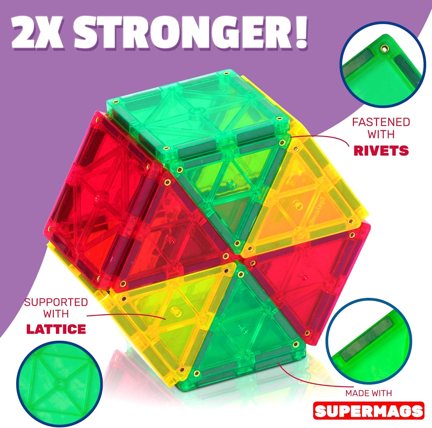 Award Winning Playmags Clear Colors Magnetic Tiles Building Set 50 + 6 Pc Set with Car - STEM Magnetic Toys Develop Motor Skills & Creativity, Colorful, Durable Magnet Building (56 Pc Set)