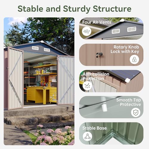 Aoxun 12x10 FT Shed Metal Outdoor Waterproof Storage Shed Steel Utility Garden Tool Shed with Door & Lock Outdoor Storage for Garden Patio Lawn Poolside, Brown