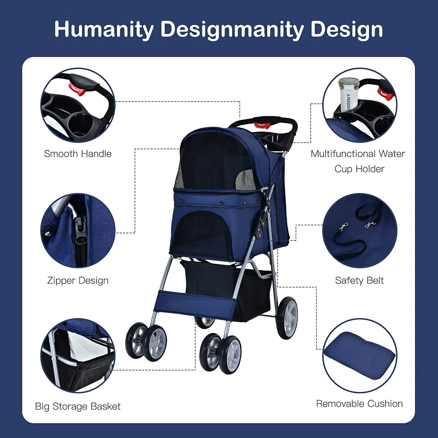 Folding Dog Stroller, Pet Stroller for Small Medium Dogs Cats Puppy, 4 Lockable Wheels Cat Stroller Travel Carrier Strolling Cart with Safety Belt, Removable Liner and Storage Basket (Navy)