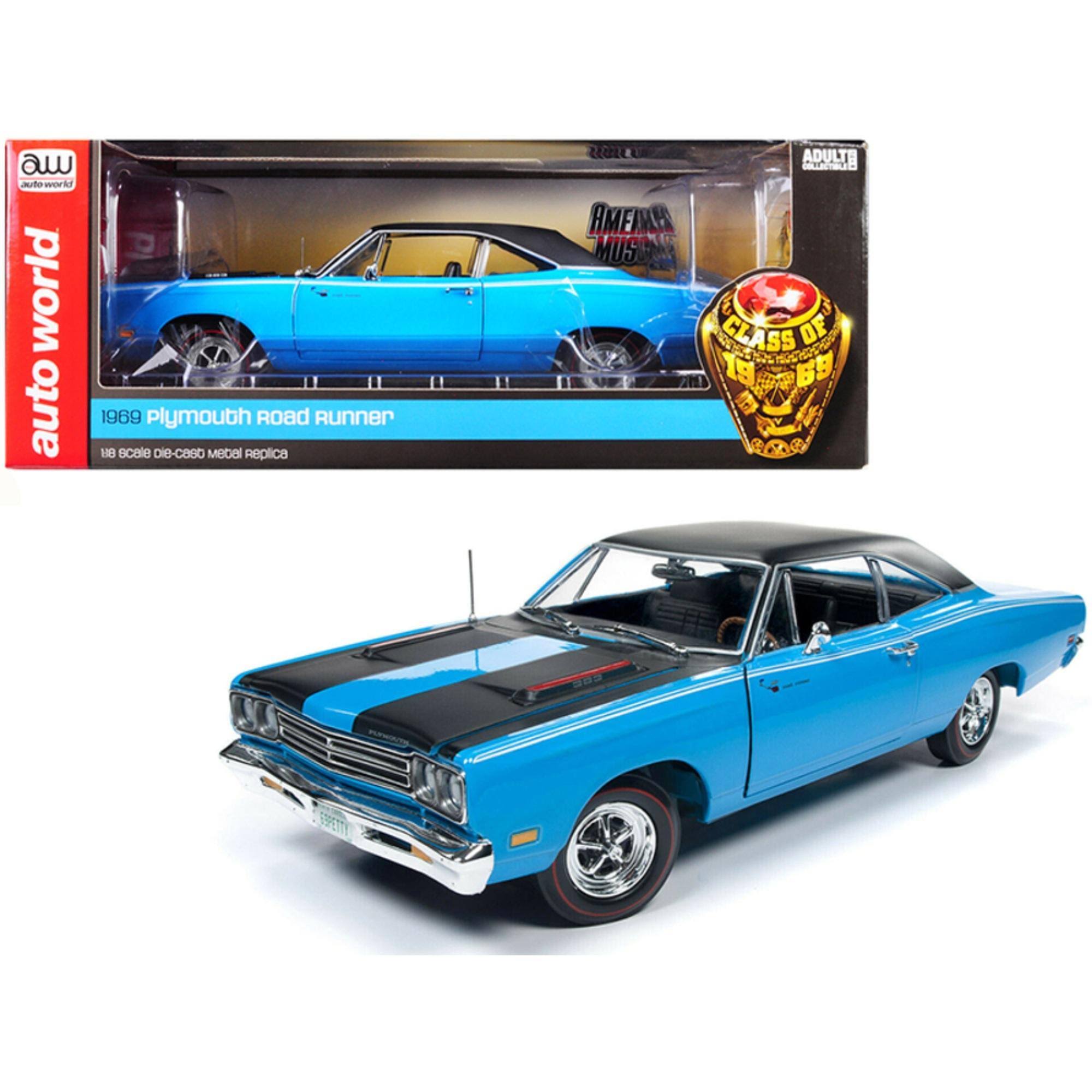 1969 Plymouth Road Runner Hardtop Petty Blue with Black Top and Black Stripes Looney Tunes Class of 1969x22 1/18 Diecast Car by