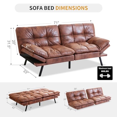 MUUEGM Faux Leather Futon Bed, Convertible Memory Foam Sofa Bed, Modern Love Seat for Living Room,Compact Space,Apartment,Office,Adjustable Backrests Armrests Couch Sleeper,71" Sofas, Matte Black