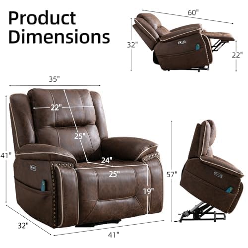 Phoenix Home Dual Motor Power Lift Chair for Elderly, Lift Chairs with Massage and Heat, Leather Electric Chairs for Adults, Recliner Chair with USB, 2 Concealed Cup Holders, Brown