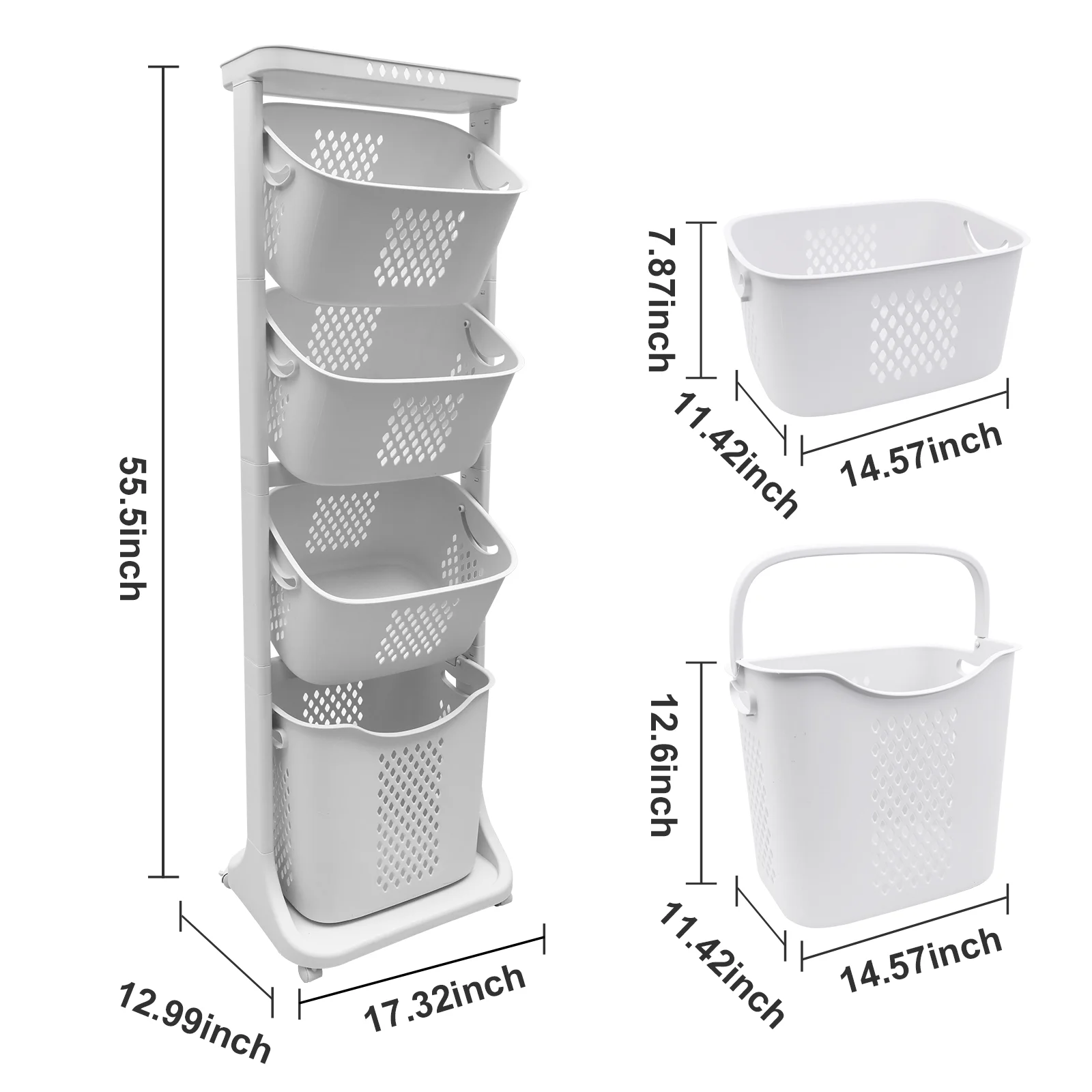 Magichomestore 4-Tier Laundry Hamper Sorter, Laundry Storage Organizer with Wheels Removable Rolling Laundry Baskets, Bathroom Cart for Dirty Clothes