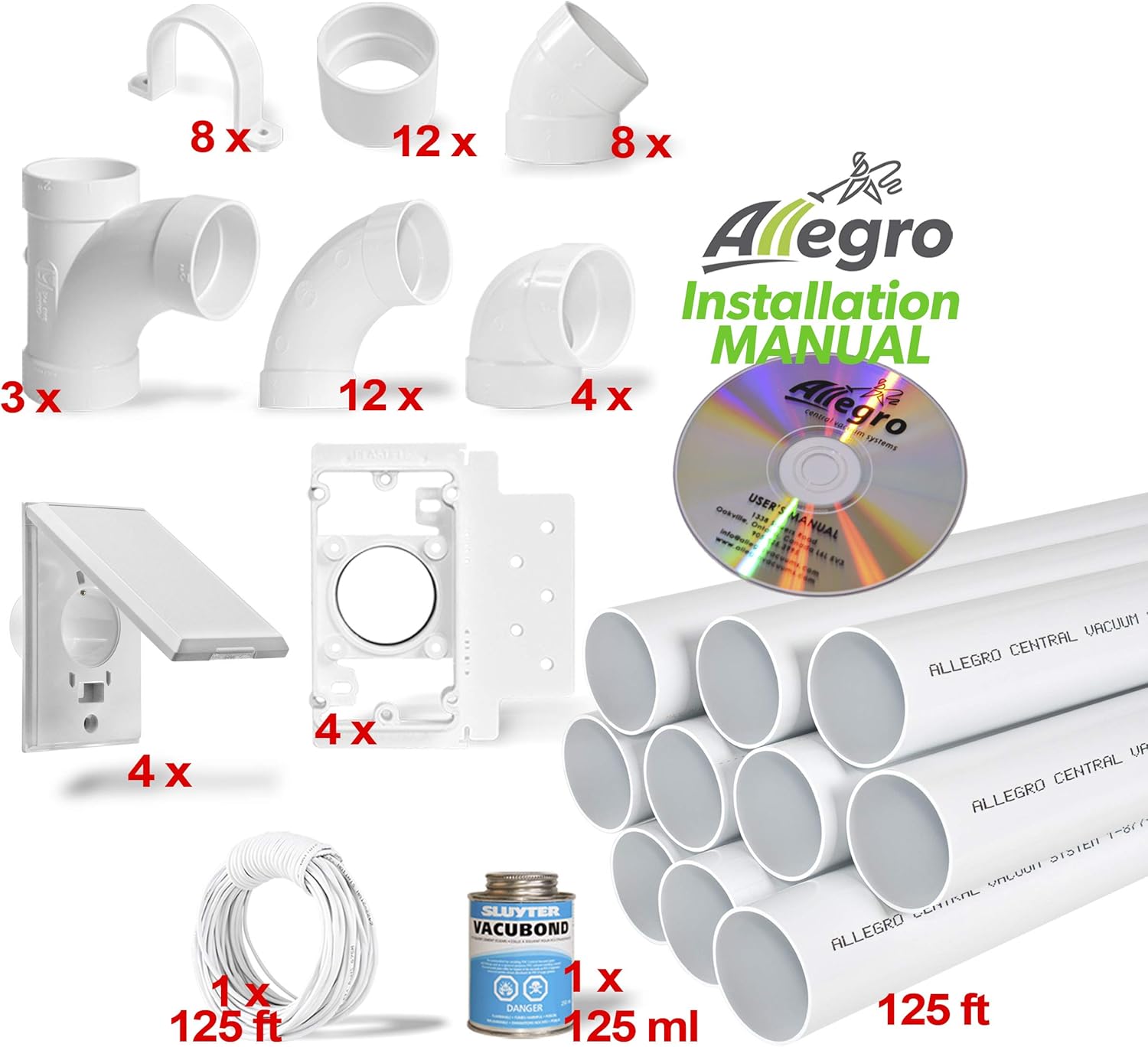 Central Vacuum 4-Inlet Installation Kit 100 feet of Pipe All in a Box