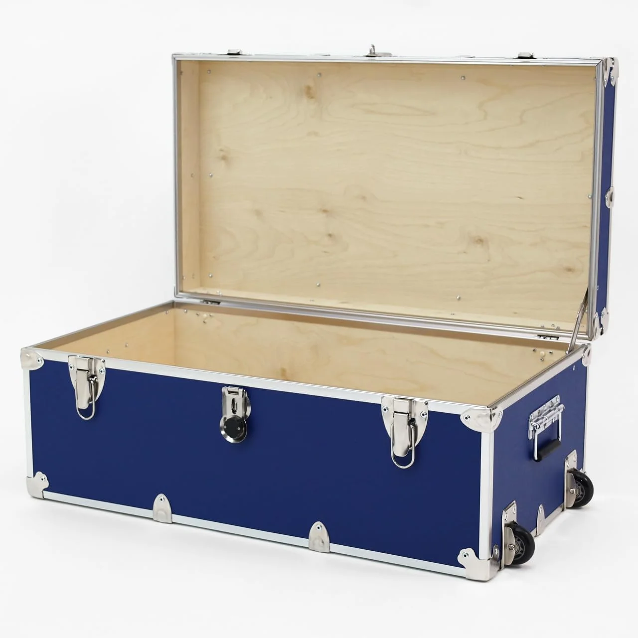 Rhino Trunk & Case Essential Summer Camp Trunk with Wheels - Camping Storage Chest - Ideal Trunk Size for Campers - Strong 1000+ Pounds Sitting Capacity Trunks 32"x18"x14" (Royal Blue)