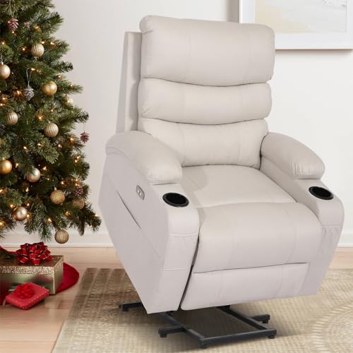 Power Lift Recliner Chair, Electric Lift Chair with Massage and Heat for Elderly, Technical Fabirc Lift Recliner Sofa for Seniors, Side Pockets,Cup Holders, USB Ports, Remote Control(Cream)