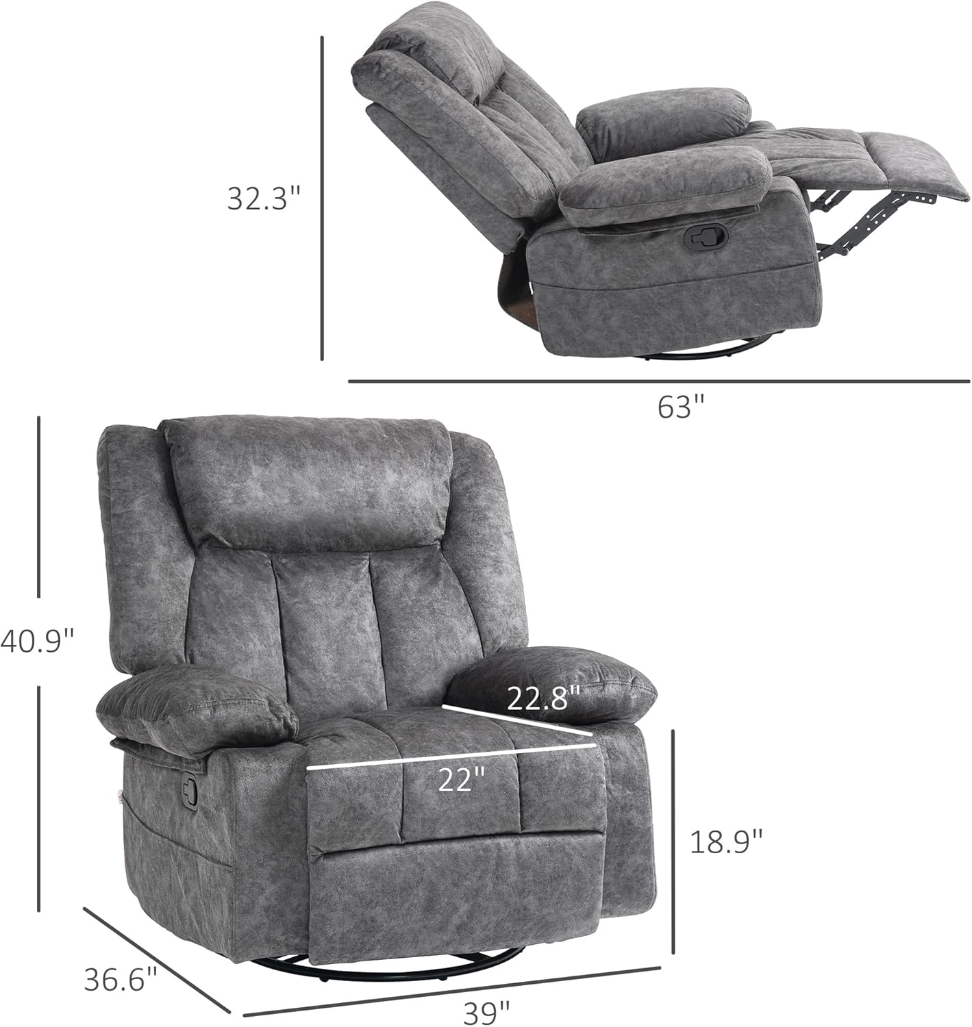 Swivel Rocker Recliner Chairs - Manual Recliner Chair with 360 Degree Swivel and Rocking Function, Gray Recliner Chair with Side Pockets and Metal Base, Heavy Duty Recliner for Living Room