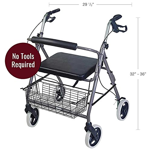 DMI Rollator Walker with Extra Wide Seat and Backrest, FSA HSA Eligible, Adjustable Handle Height, Removable Storage Basket, Burgundy