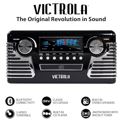 Victrola Haley Retro Bluetooth Record Player & Multimedia Center with Built-in Speakers - 3-Speed Turntable, CD Player, AM/FM Radio, 3.5mm Aux-In, Wireless Music Streaming, Black