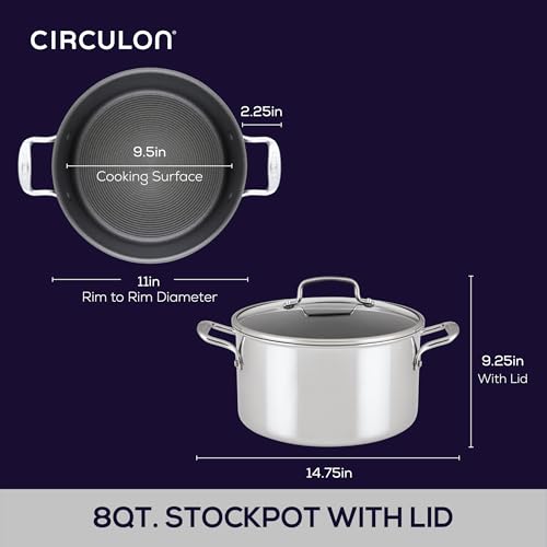 Circulon C1 Series Clad Stainless Steel with ScratchDefense Technology Cookware Nonstick Induction Stockpot with Lid, Metal Utensil Safe, 8 Quart - Polished Stainless Steel