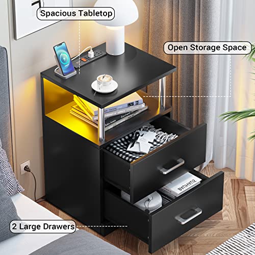 AOGLLATI Nightstand with Charging Station and LED Lights, Nightstands Set of 2, Bedside Table with Open Storage and 2 Drawers, 2 USB Ports, 2 Outlets, Modern End Side Table for Bedroom, White