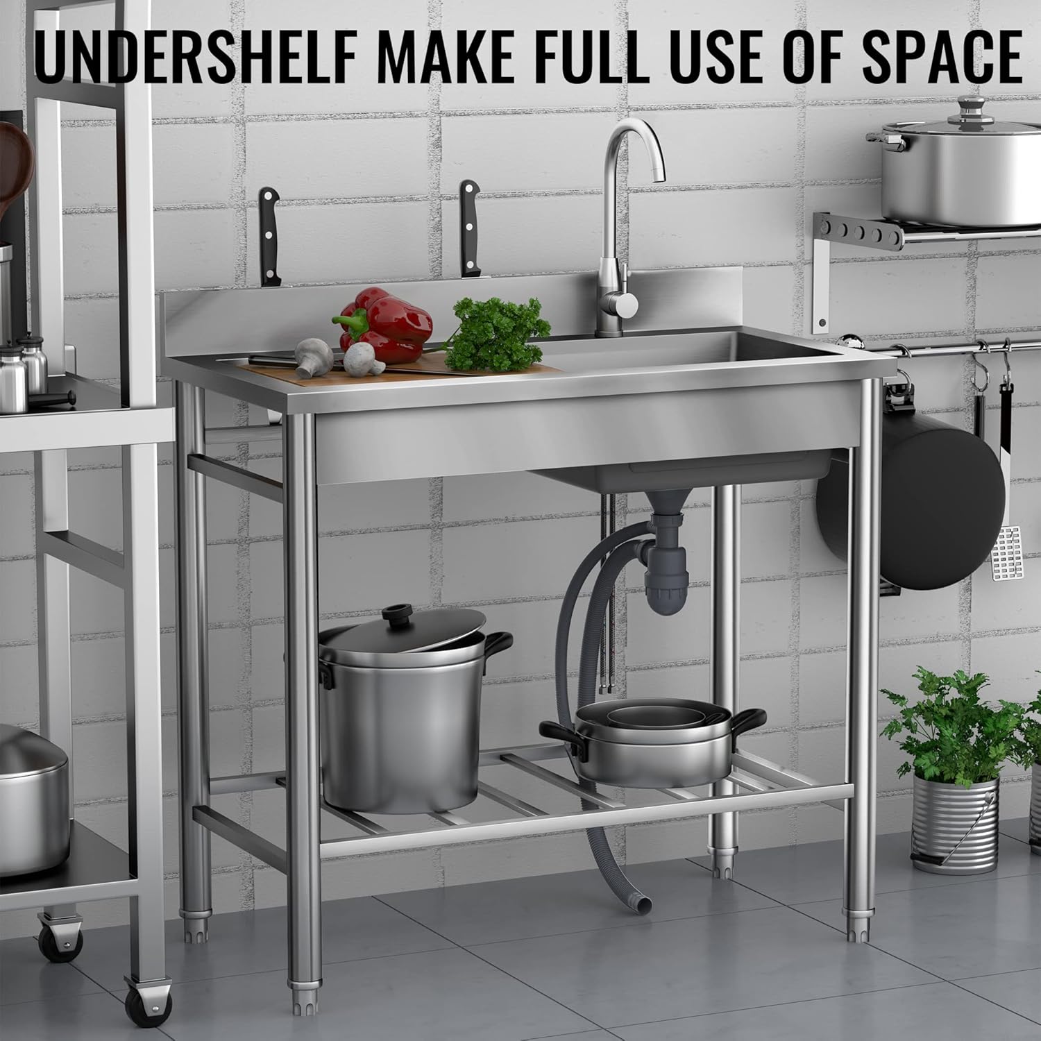 Stainless Steel Sink, Outdoor Utility Sink Free Standing Single Bowl Kitchen Sink with Cold and Hot Water Pipe for Laundry Room Bathroom Farmhouse (39 Inch)