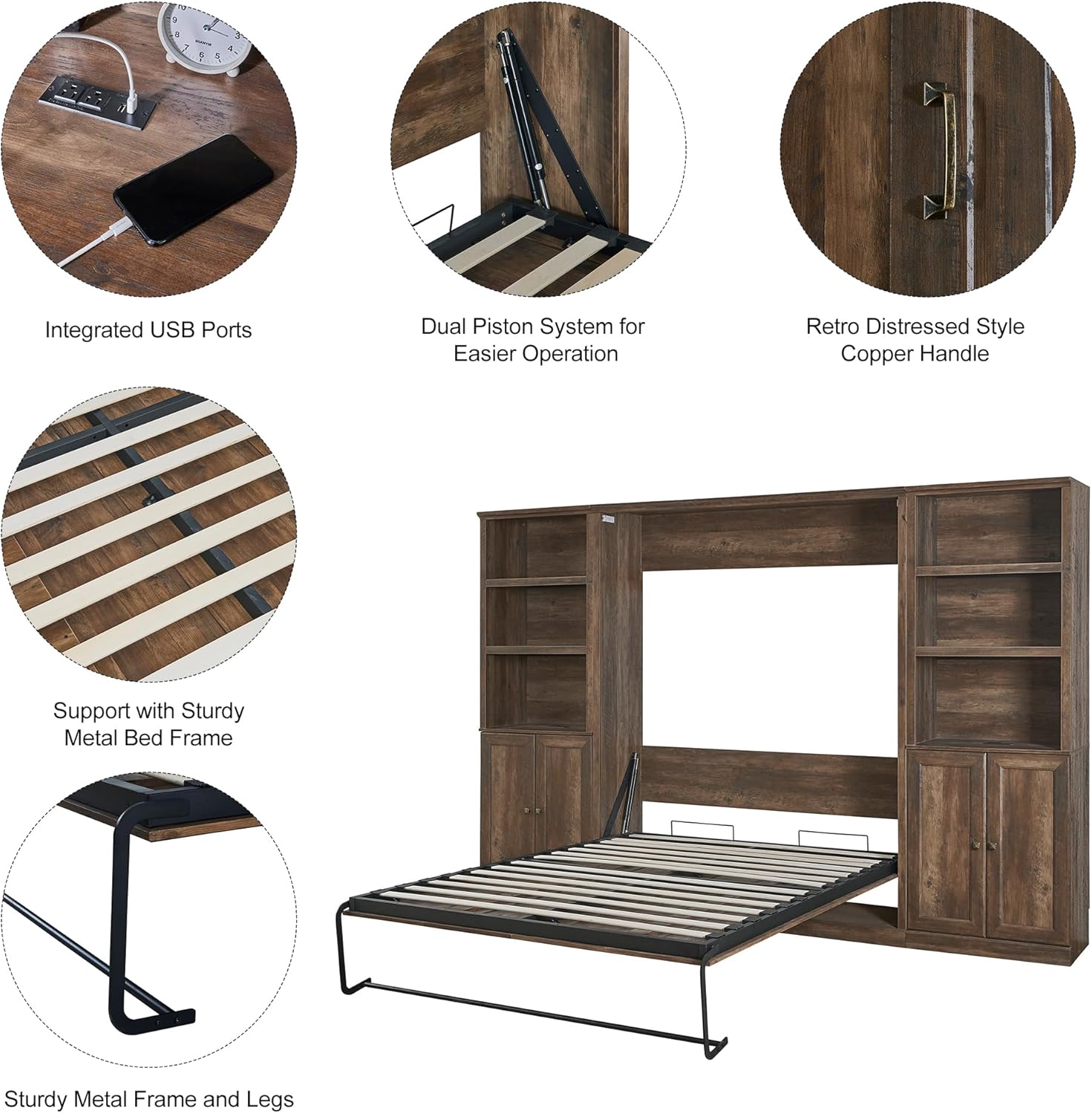 Full Size Murphy Bed with 2 Side Cabinet Storage Shelf, Wood Foldable Bedframe Wallbed for Bedroom Living Room, Space-Saving Design, Brown